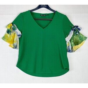 Women Green Médium Top Blouse Ruffle Sleeves